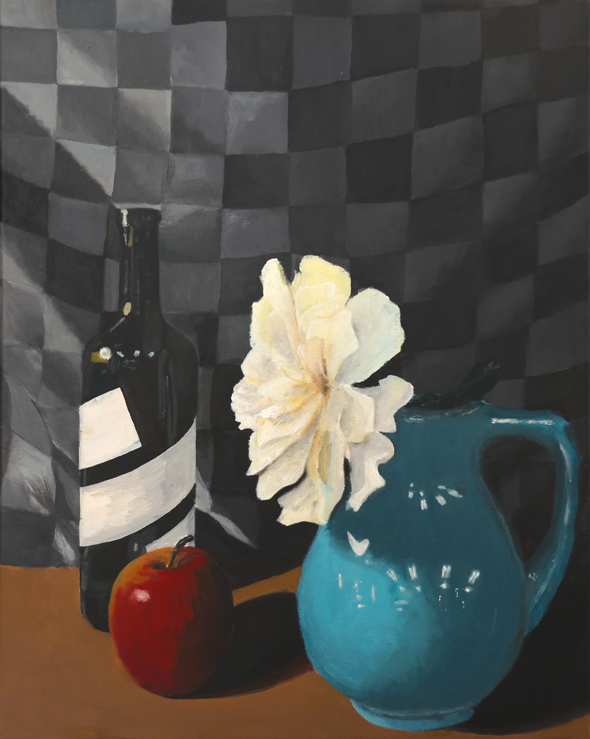 Oil still life with wine bottle, apple, white flower in a teal pitcher